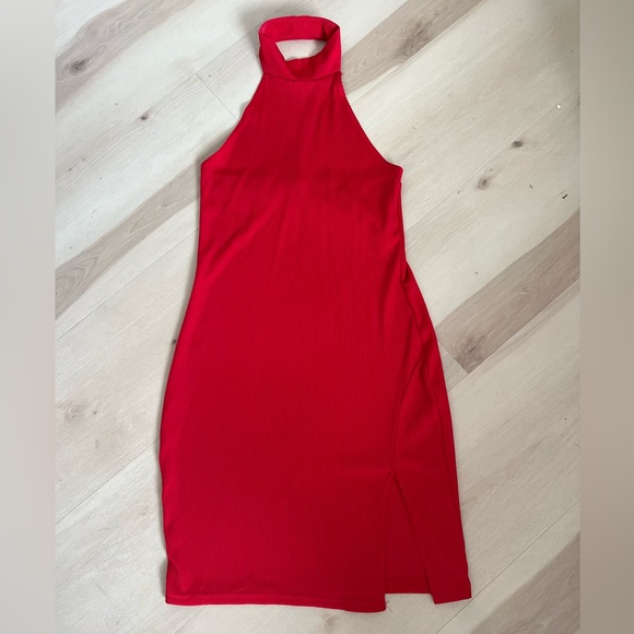 RED Ribbed High Neck Split Detail Bodycon Dress - Picture 5 of 10